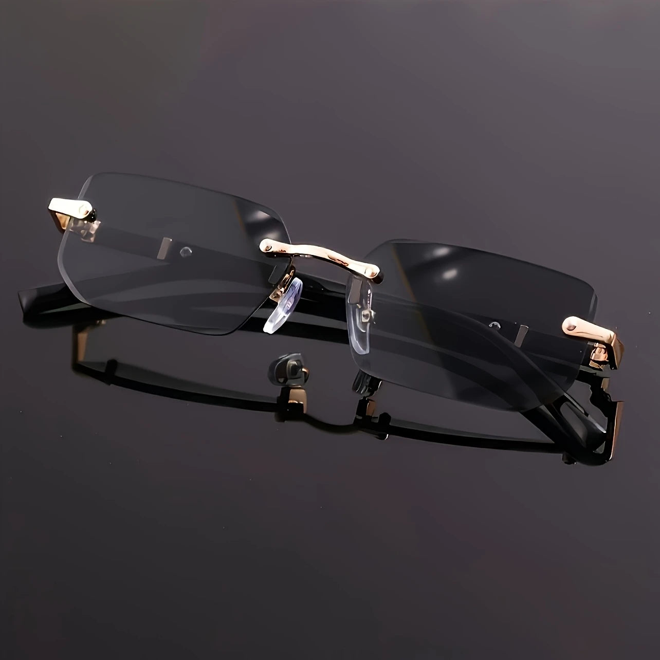 Noir Edge – Rimless Square Sunglasses in Black & Gold