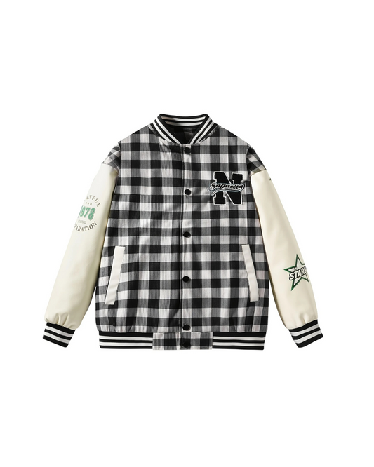 Monochrome Black Grid Varsity Jacket