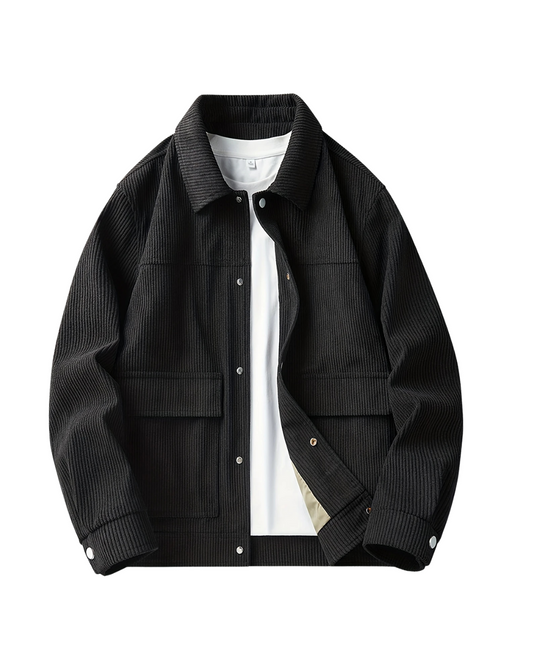 Men's Outdoor Black Jacket — Spring Casual Coat with Corduroy Lapel