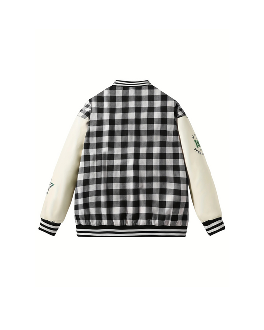 Monochrome Black Grid Varsity Jacket