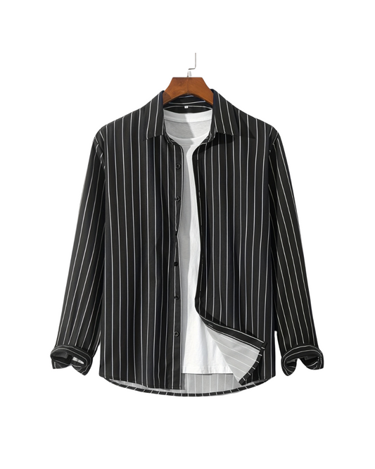 Men's Casual Black Striped Shirt - Long Sleeve Button-Up for Spring/Fall