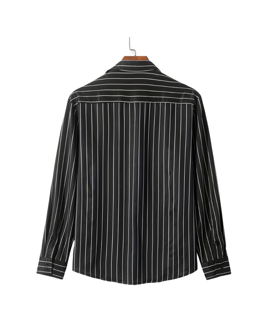 Men's Casual Black Striped Shirt - Long Sleeve Button-Up for Spring/Fall