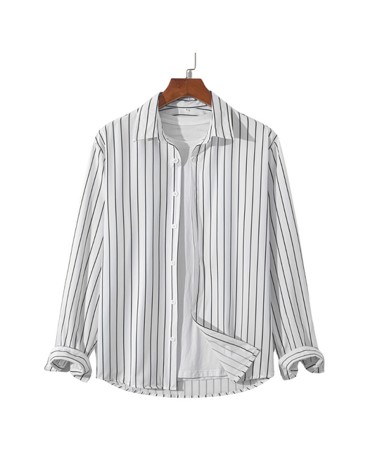 Men's Casual White Striped Shirt - Long Sleeve Button-Up for Spring/Fall