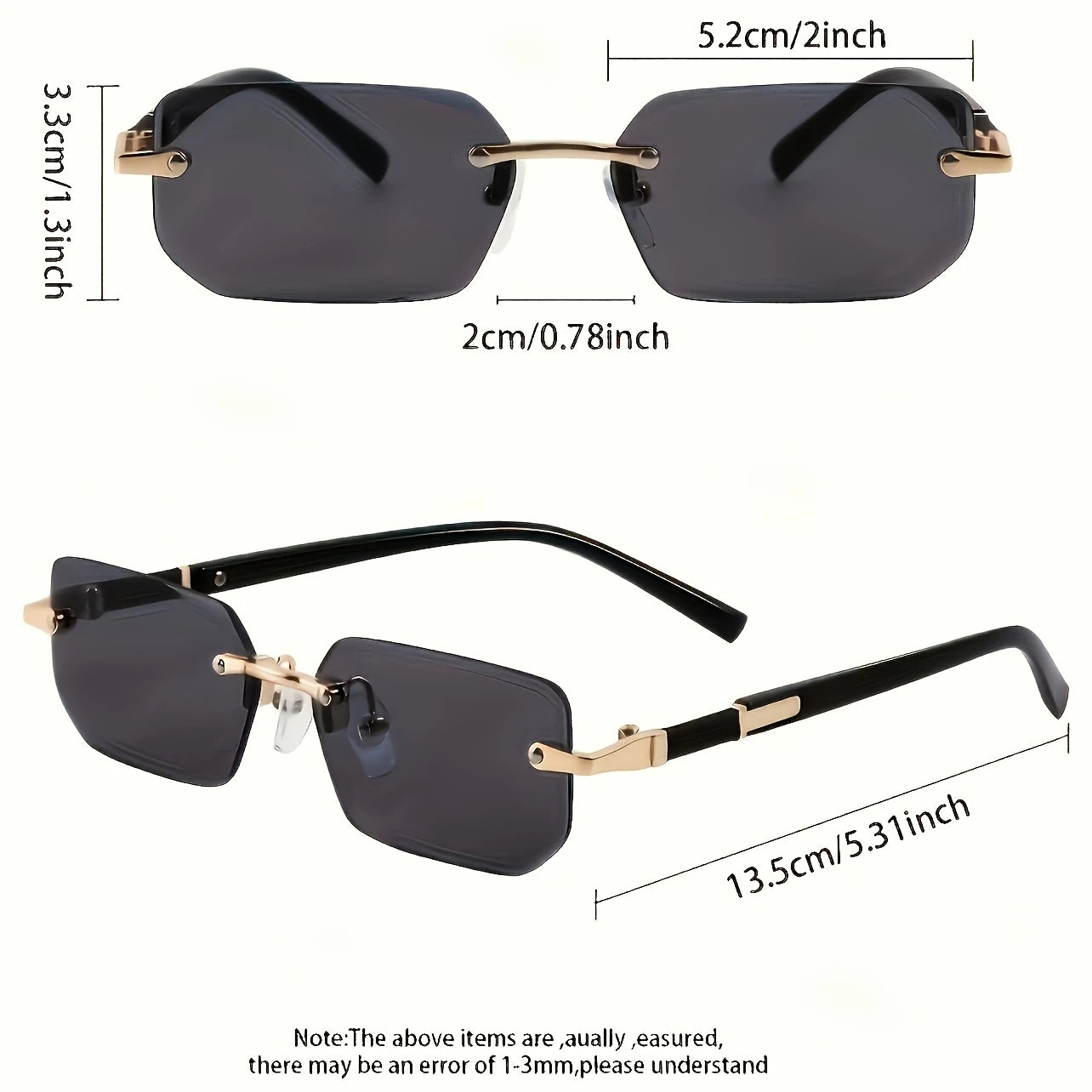Noir Edge – Rimless Square Sunglasses in Black & Gold