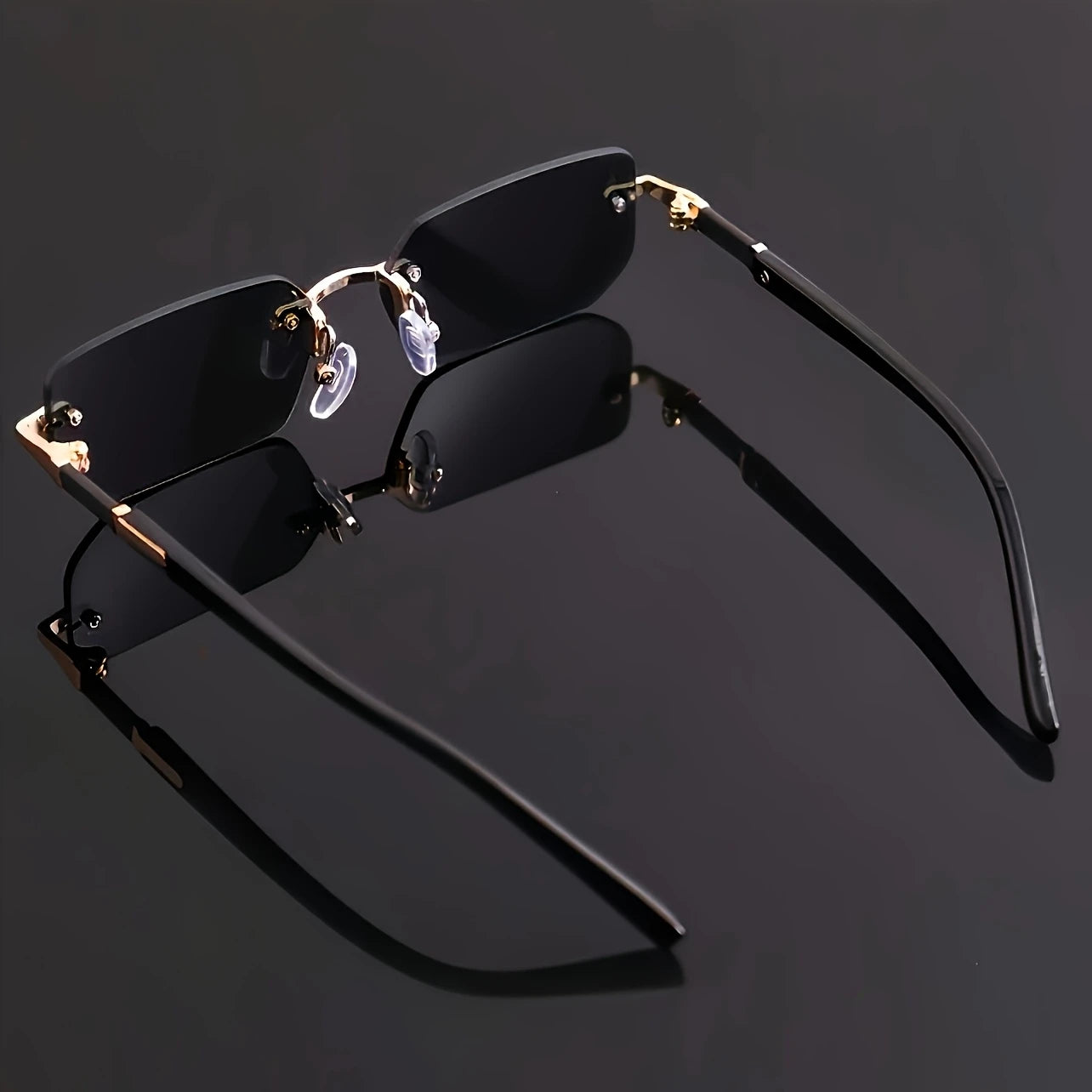 Noir Edge – Rimless Square Sunglasses in Black & Gold