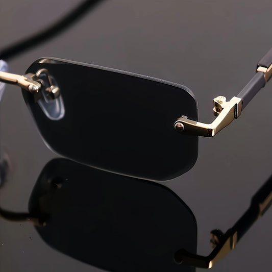 Noir Edge – Rimless Square Sunglasses in Black & Gold